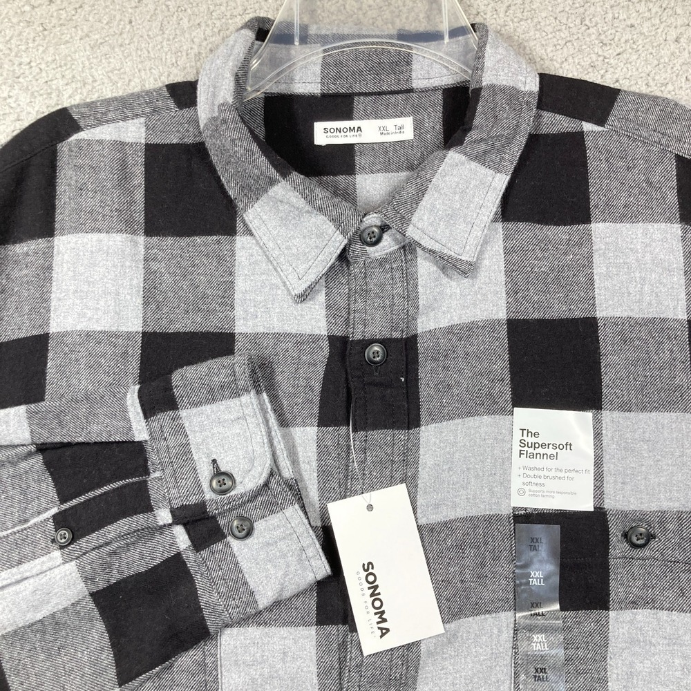 Sonoma Flannel Shirt Men's XXL Tall Gray Black Buffalo Plaid Double Brushed Soft